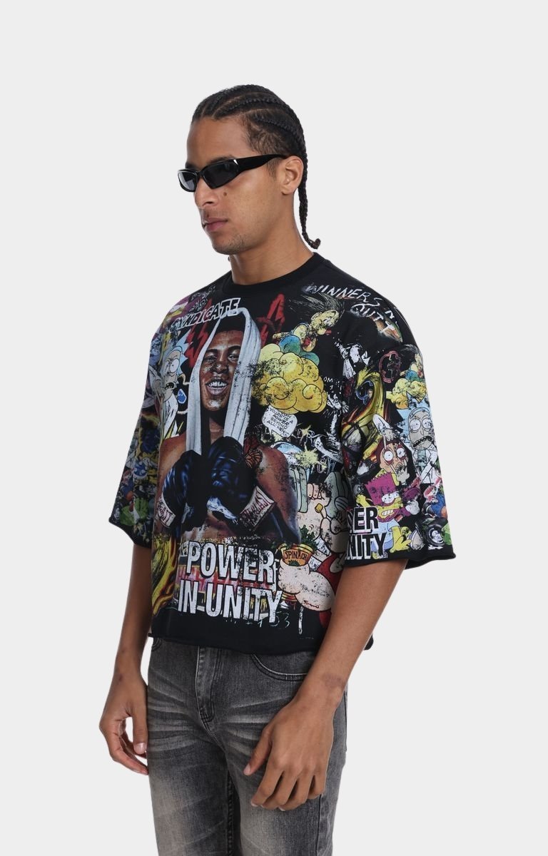 Angled view of Syndicate Unity black crop tee.