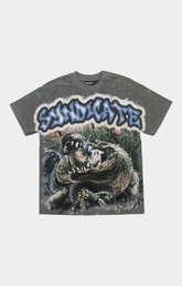Front view of The Syndicate Crocodile Attack Rhinestone Tee in charcoal gray.