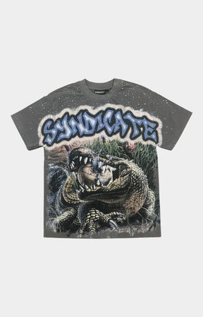 Front view of The Syndicate Crocodile Attack Rhinestone Tee in charcoal gray.