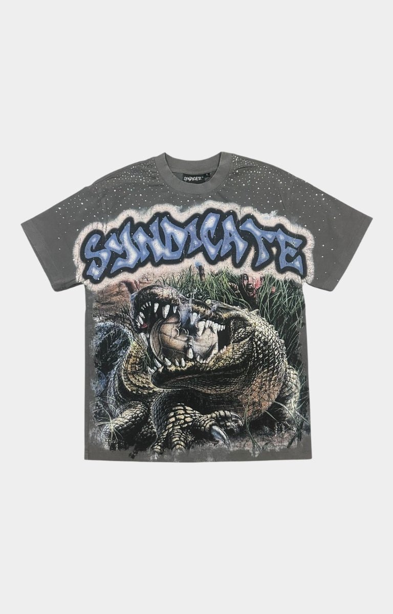 Front view of The Syndicate Crocodile Attack Rhinestone Tee in charcoal gray.