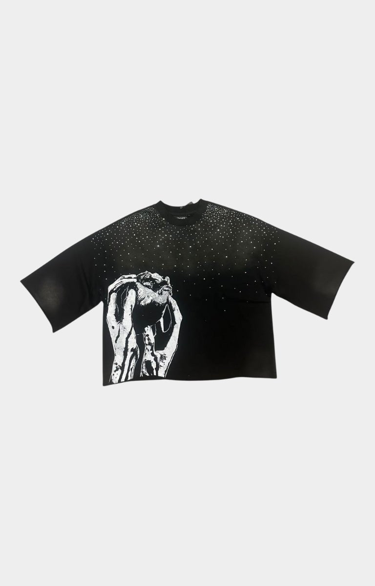 Front view of The Syndicate Heart of the Trenches Rhinestone Tee in black.
