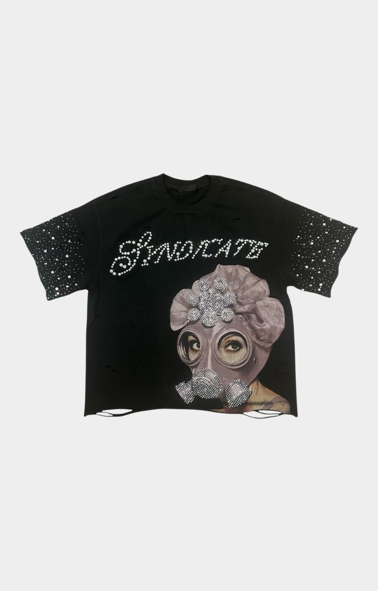 Front view of The Syndicate Ivory Black Distressed Cropped Tee with gas mask woman graphic.