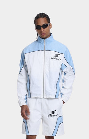 Styled outfit featuring Syndicate Baby Blue nylon jacket
