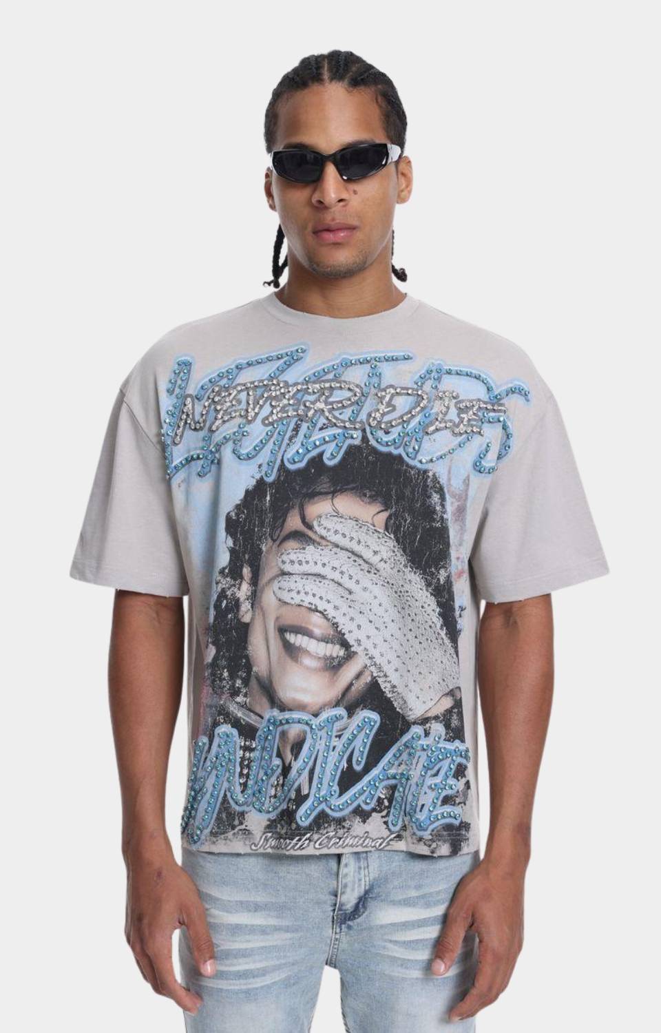 The Syndicate LND Rhinestone Graphic T-Shirt Grey front view.
