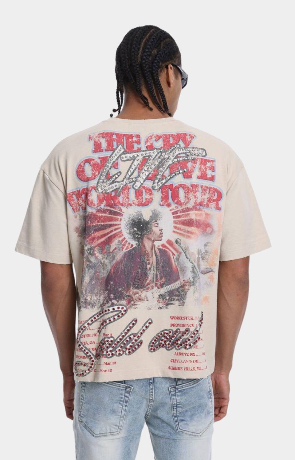 The Syndicate LND Rhinestone Graphic T-Shirt Beige back view.