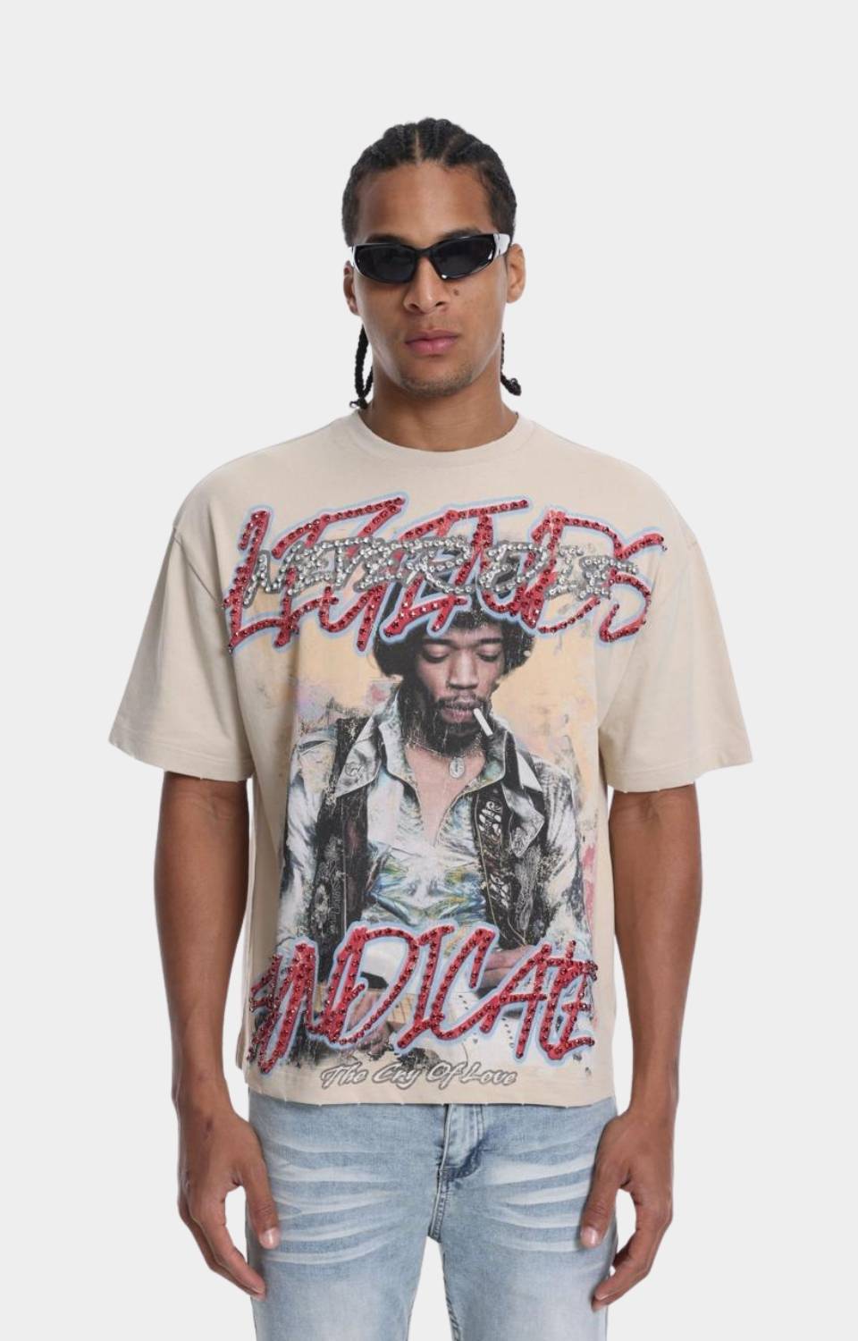 The Syndicate LND Rhinestone Graphic T-Shirt Beige front vi.ew
