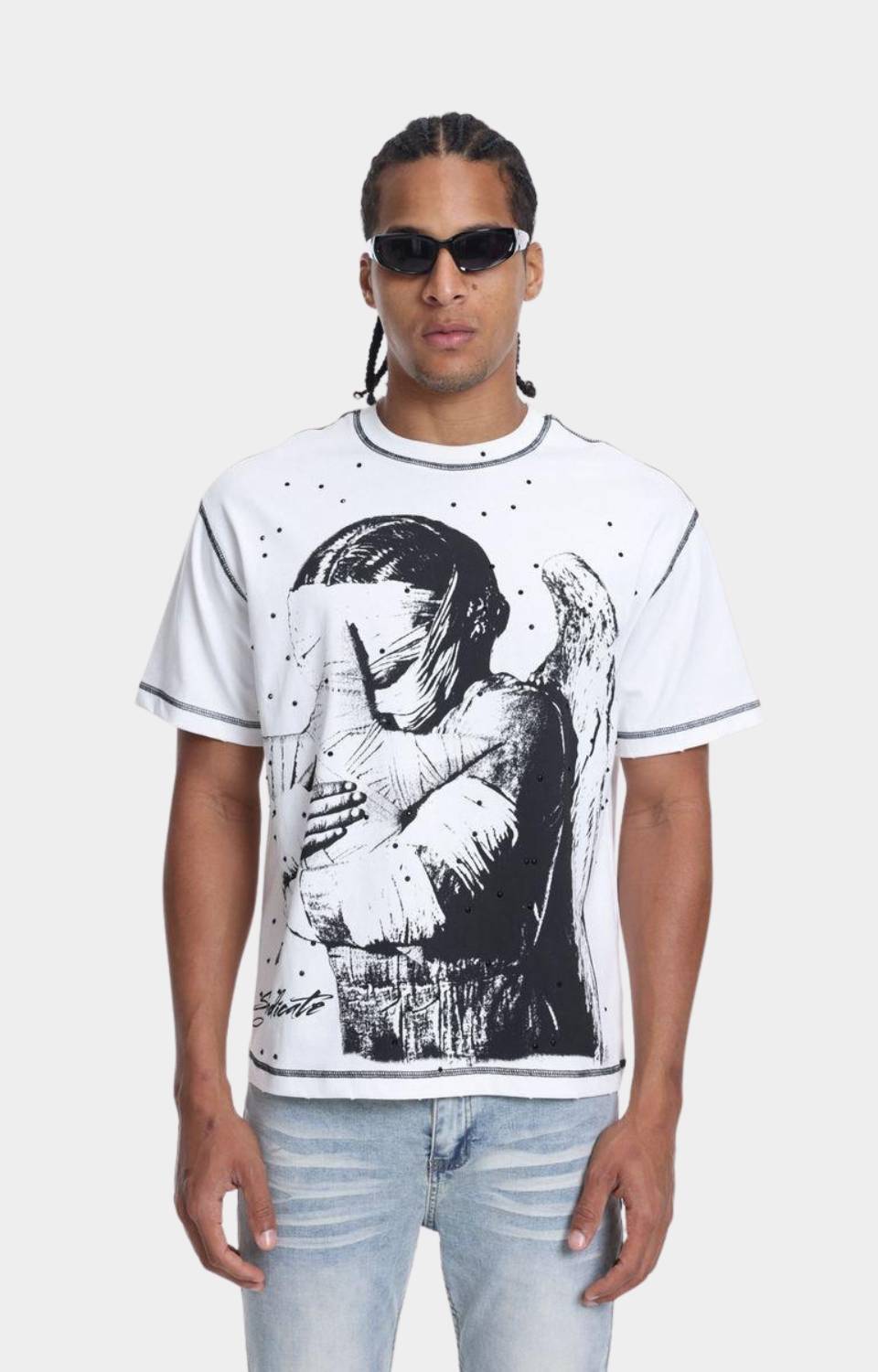 The Syndicate Pain Graphic Rhinestone T-Shirt White front view.
