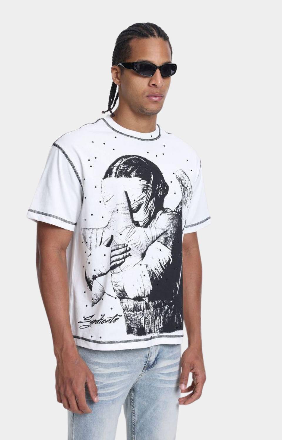 Contrast stitching detail on The Syndicate Pain Tee White.