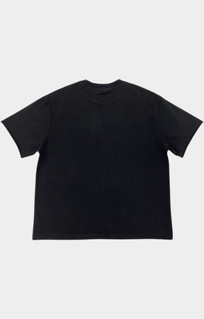 Black wash oversized graphic t shirt with distressed Painless artwork.
