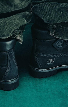 Lace-up closure detail on Timberland Premium boot.