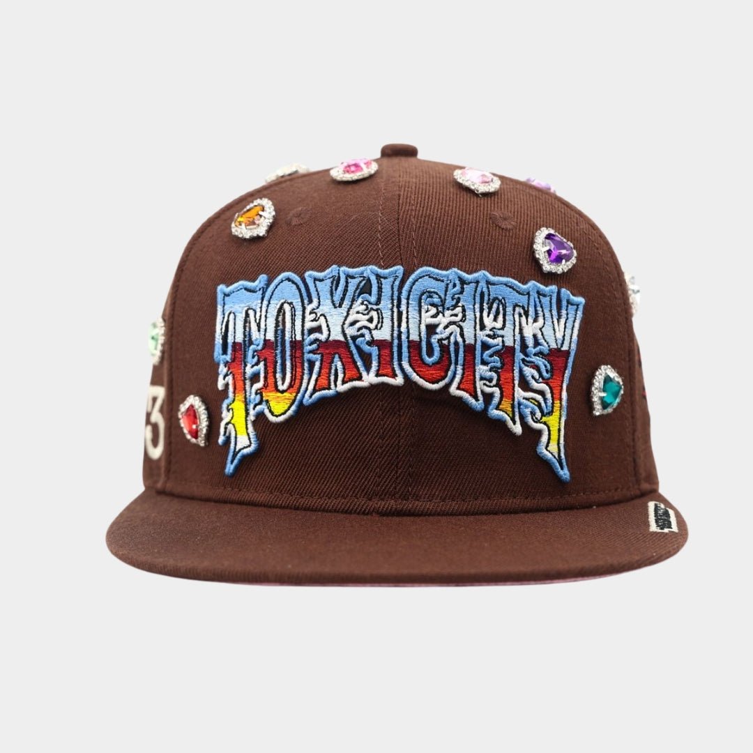 Front view of Brown Toxicity 333 Snapback Hat with flame-styled embroidery