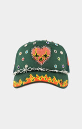 Toxicity LOVE HARD trucker hat in green front view.