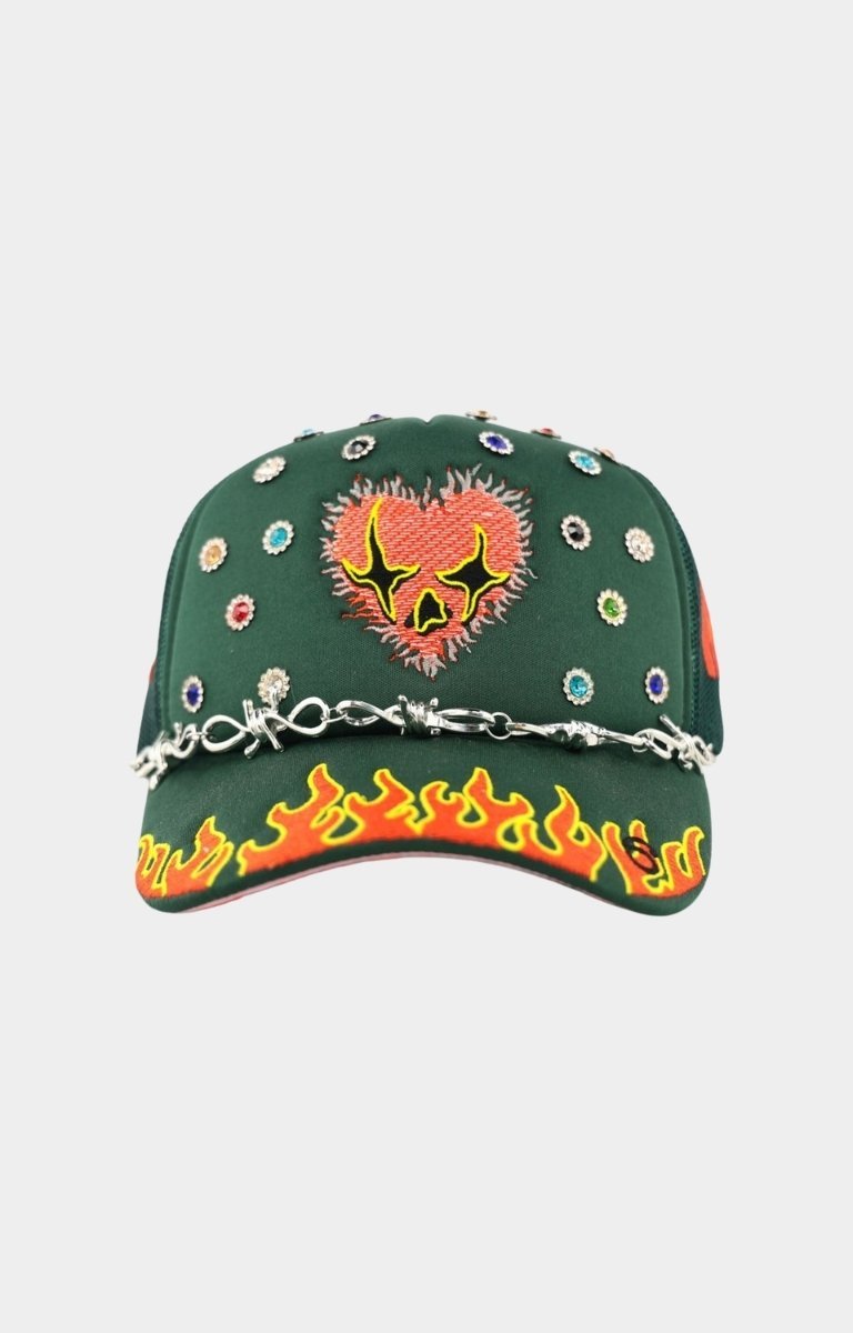 Toxicity LOVE HARD trucker hat in green front view.
