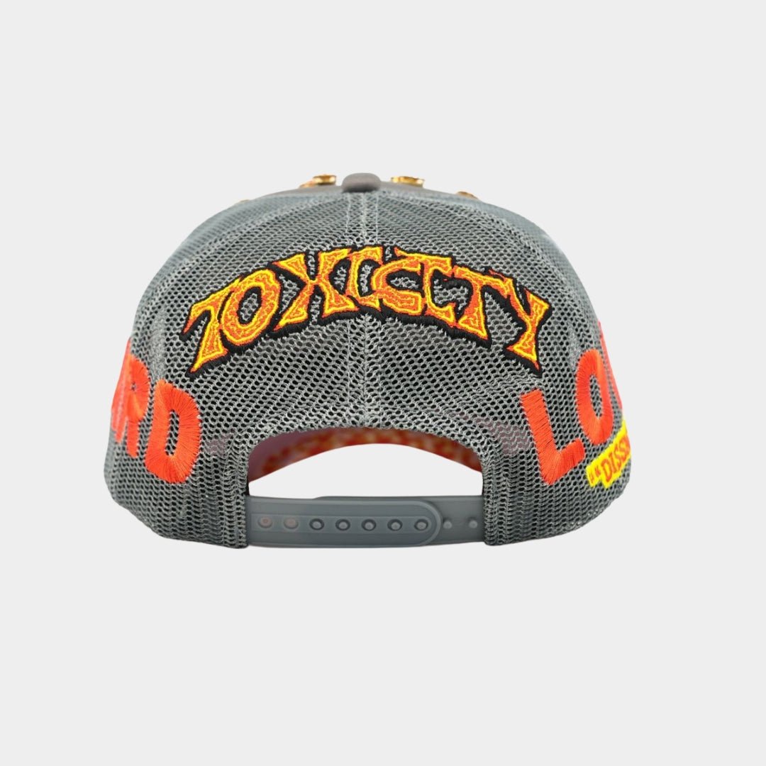 Toxicity LOVE HARD Trucker Hat – Grey | Flaming Heart Streetwear