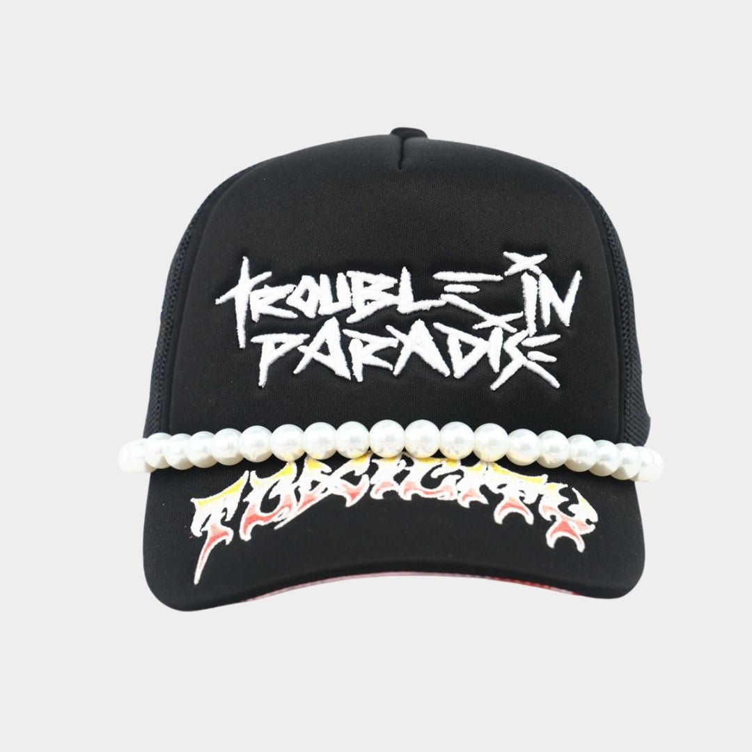 Toxicity “Trouble in Paradise” Trucker Hat – Black | Streetwear