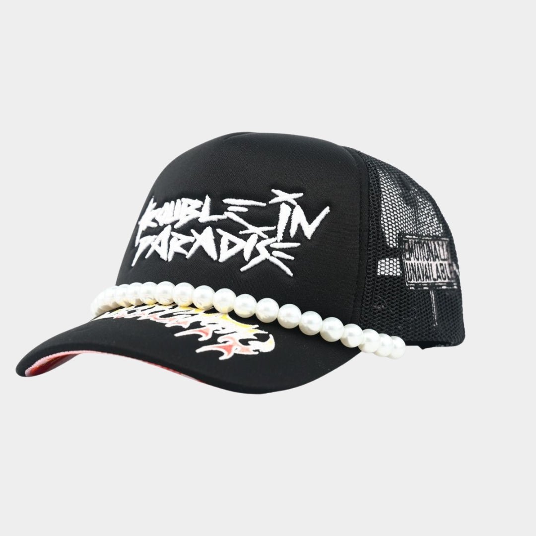 Pearl-style bead chain detail across brim of Trouble in Paradise Trucker Hat