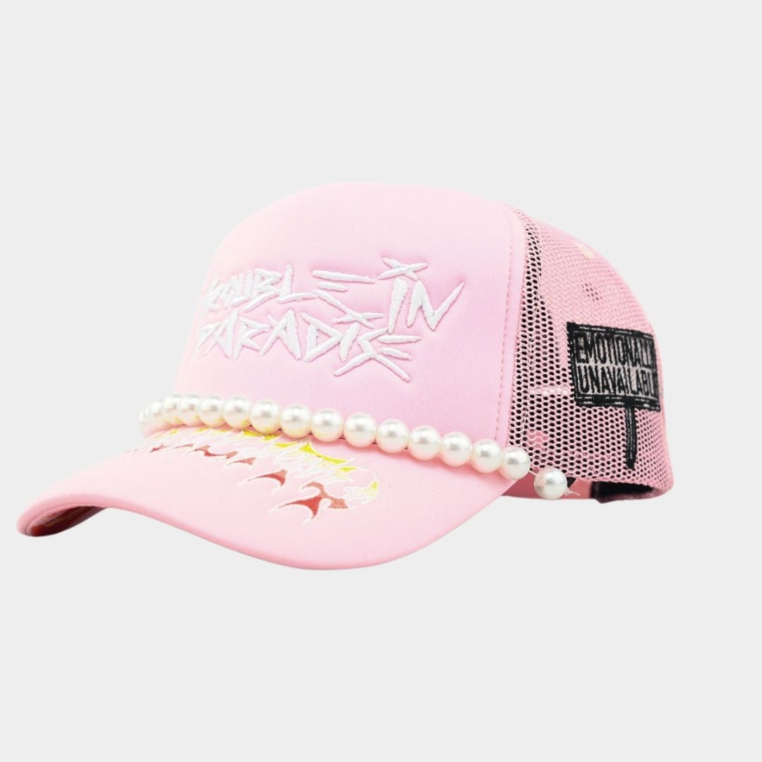 Front view of Toxicity Trouble in Paradise Trucker Hat in Pink with Angel Number 444 embroidery