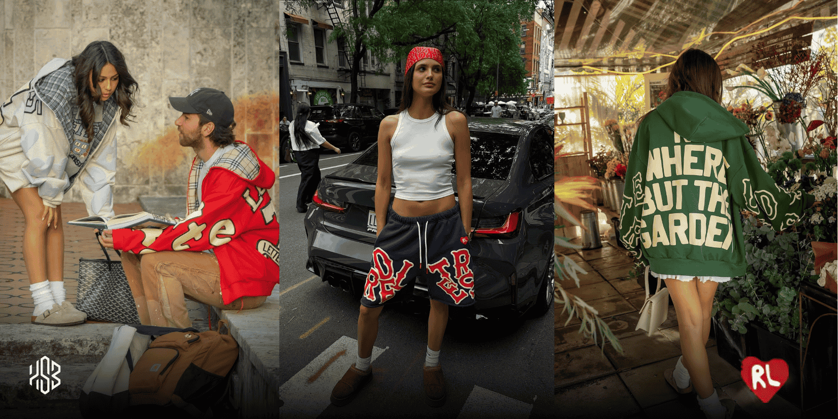 Streetwear banner from Red Letters featuring casual oversized hoodies, statement shorts, and relaxed fashion outfits.
