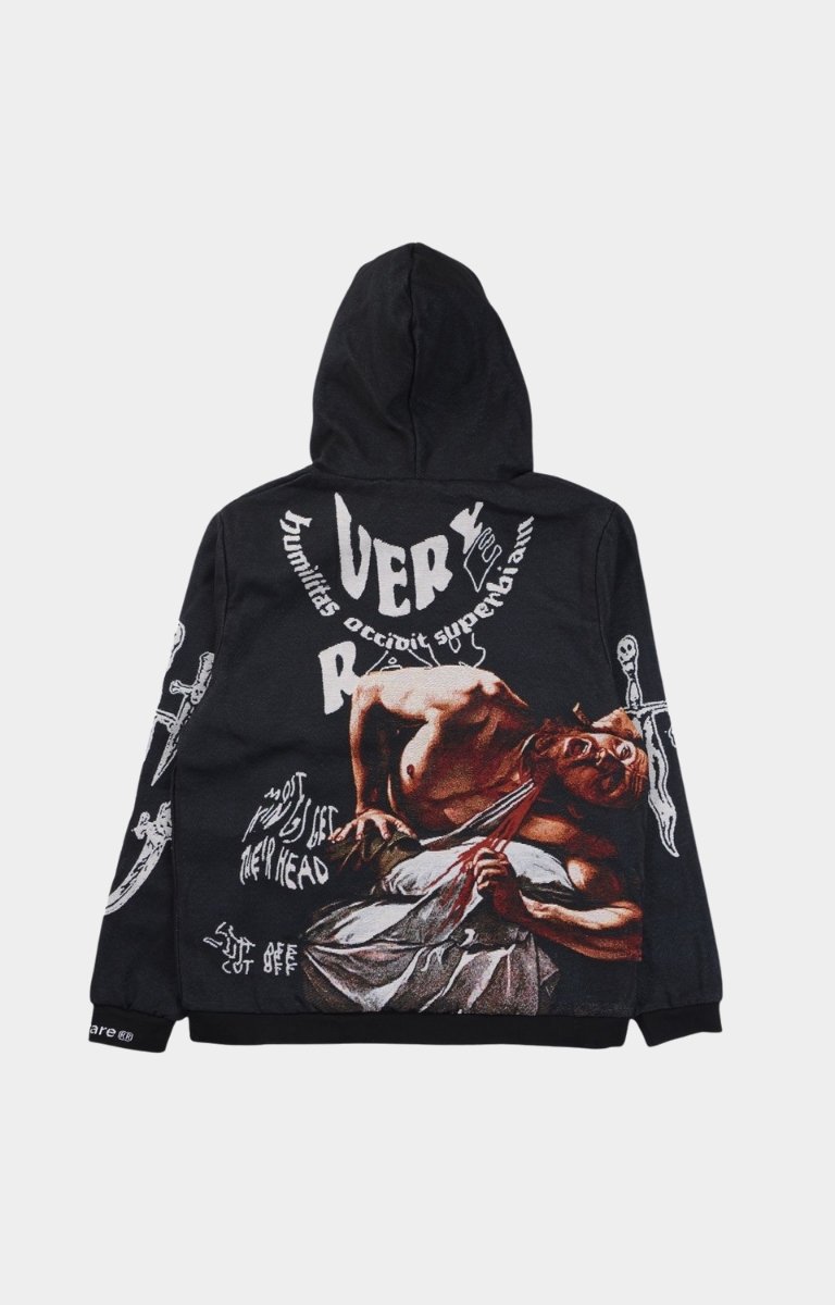 Back design of VeryRare Antihero Judith Hoodie – detailed jacquard woven tapestry streetwear piece.