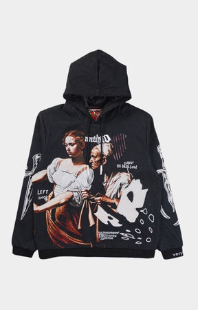 VeryRare Antihero Judith Hoodie by Raf Reyes – oversized tapestry streetwear hoodie with Caravaggio-inspired artwork on front. 