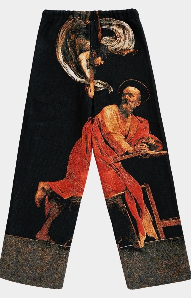 Back view of VeryRare Calling of Saint Matthew Pants with jacquard woven fabric and oversized fit.