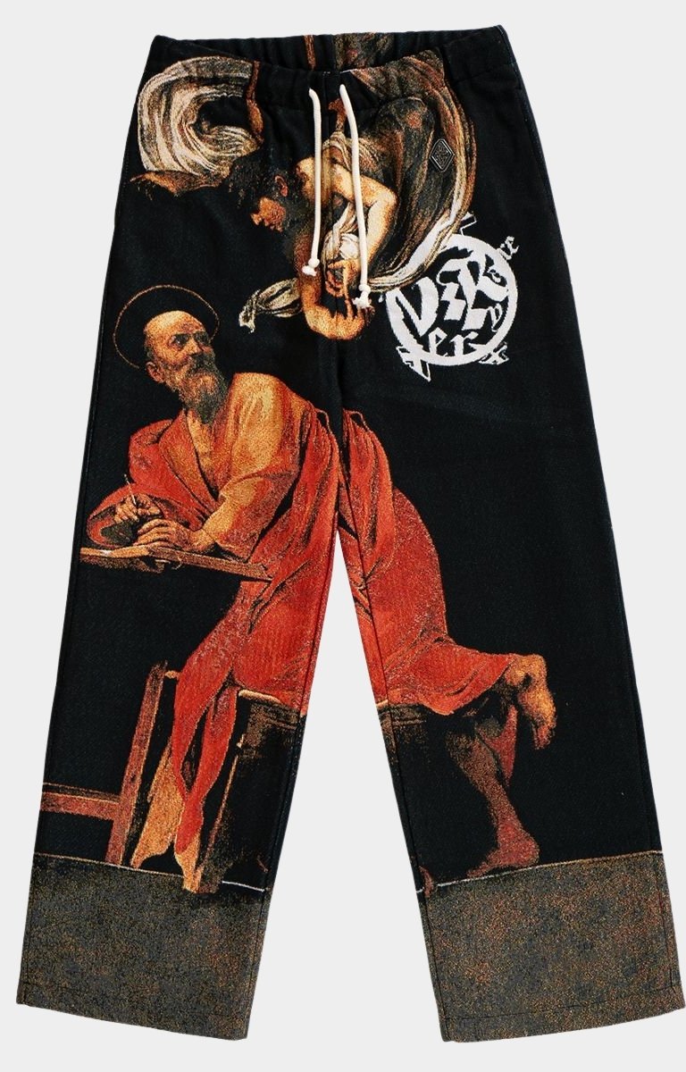 Front view of VeryRare Calling of Saint Matthew Pants – Caravaggio-inspired tapestry streetwear design by Raf Reyes.