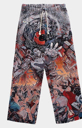Front view of VeryRare vRobot Mayhem Tapestry Pants – cyberpunk jacquard streetwear design by Raf Reyes.