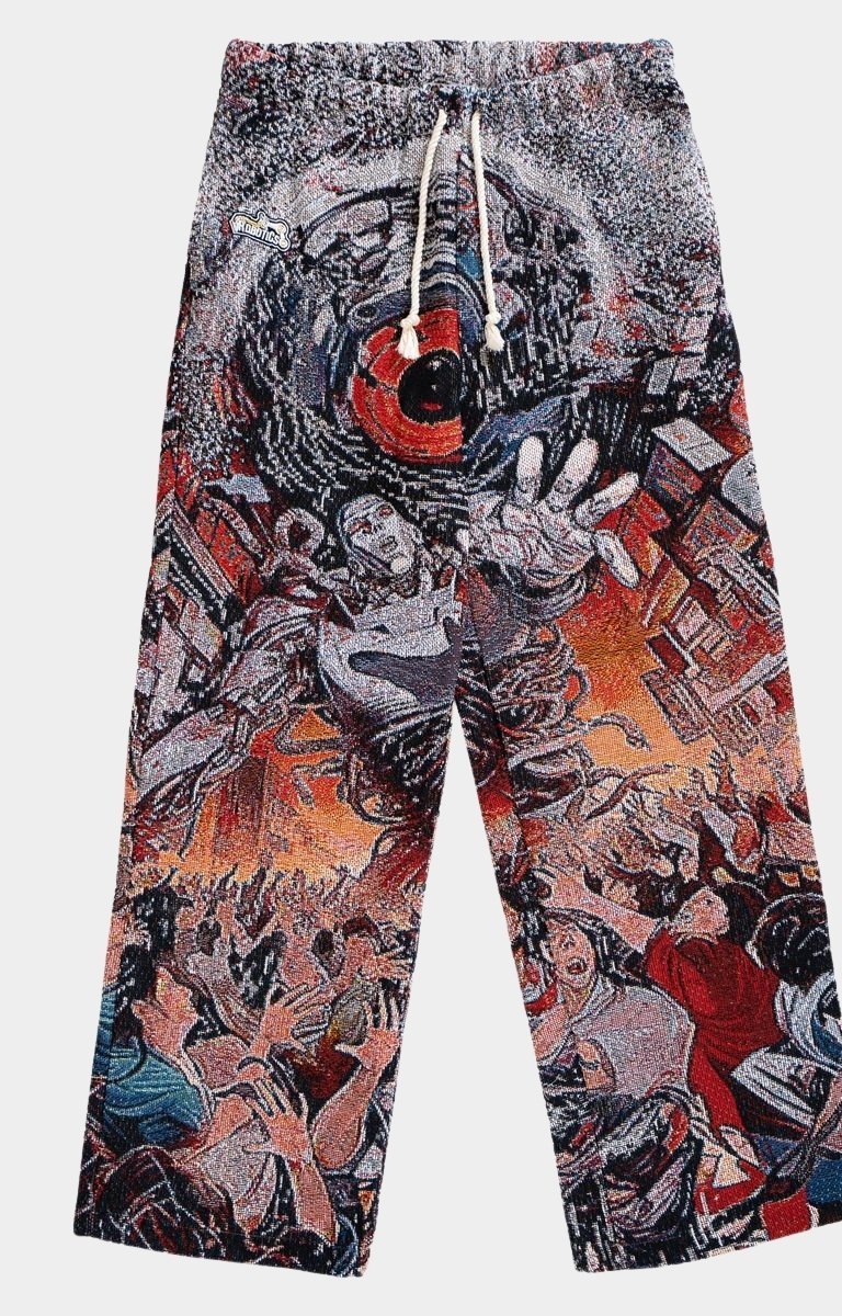 Front view of VeryRare vRobot Mayhem Tapestry Pants – cyberpunk jacquard streetwear design by Raf Reyes.
