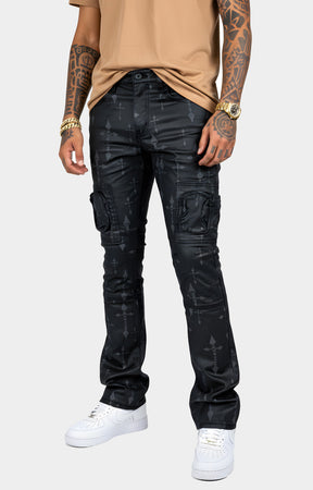 Vicious black flare jeans with all-over cross print.