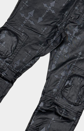 Vicious black cross print cargo jeans with multiple pockets.