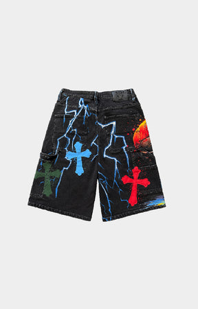 Vicious premium Black denim shorts featuring a colorful graphic print with blue lightning bolts, green and red crosses, and a red/orange circular design.