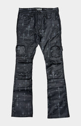 Vicious wax coated black cross print flare jeans front view.