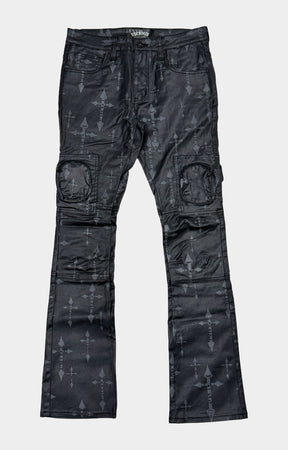 Vicious wax coated black cross print flare jeans front view.