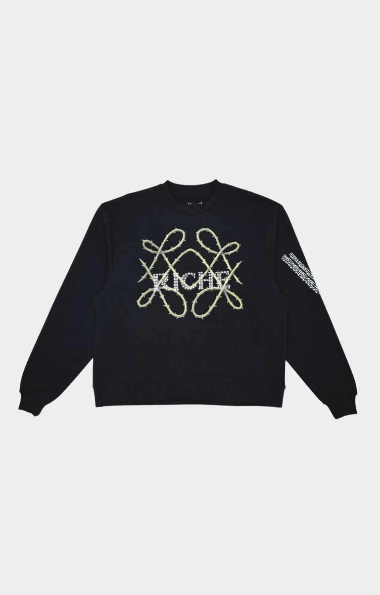 Vie+Riche Black Live Rose sweatshirt front view with crystal details.