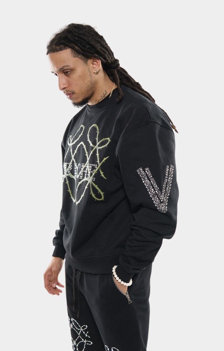 Crystal-embellished sleeves on Vie+Riche Live Rose sweatshirt.