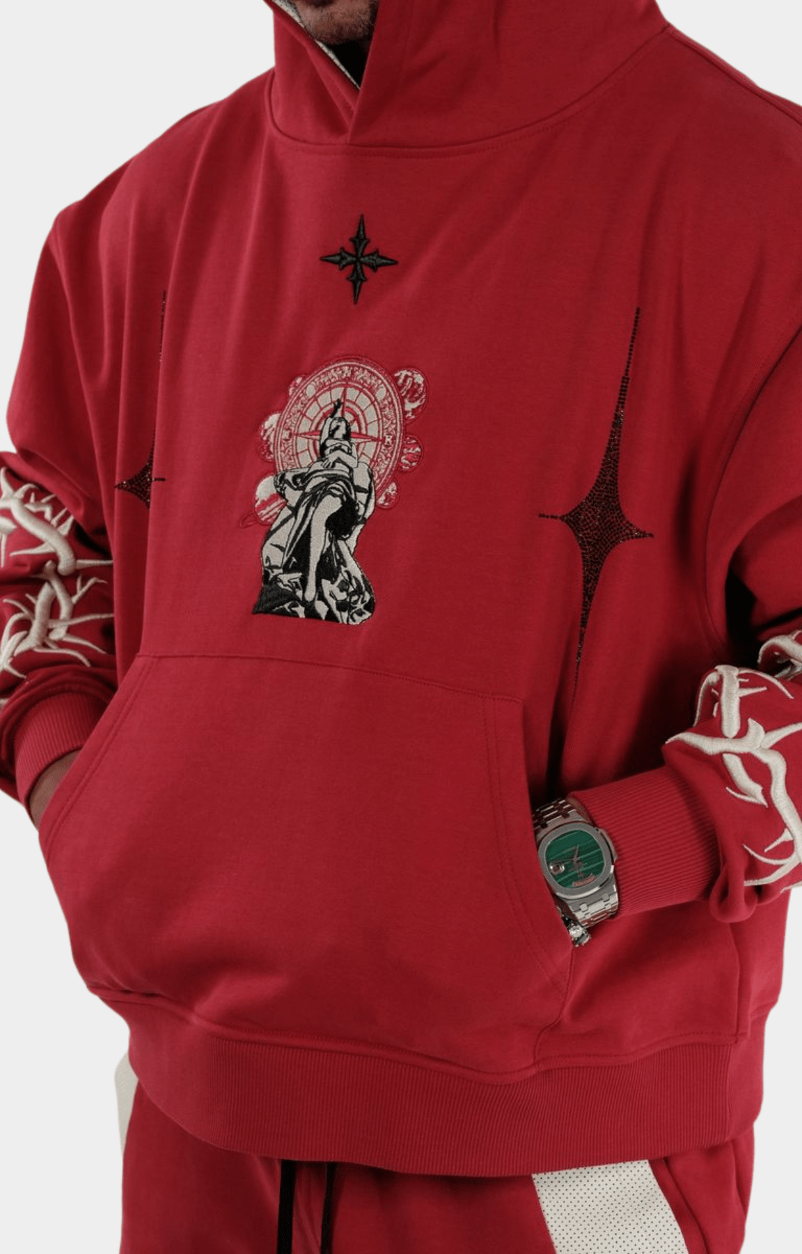 Streetwear styling of oversized red Vie Riche hoodie.