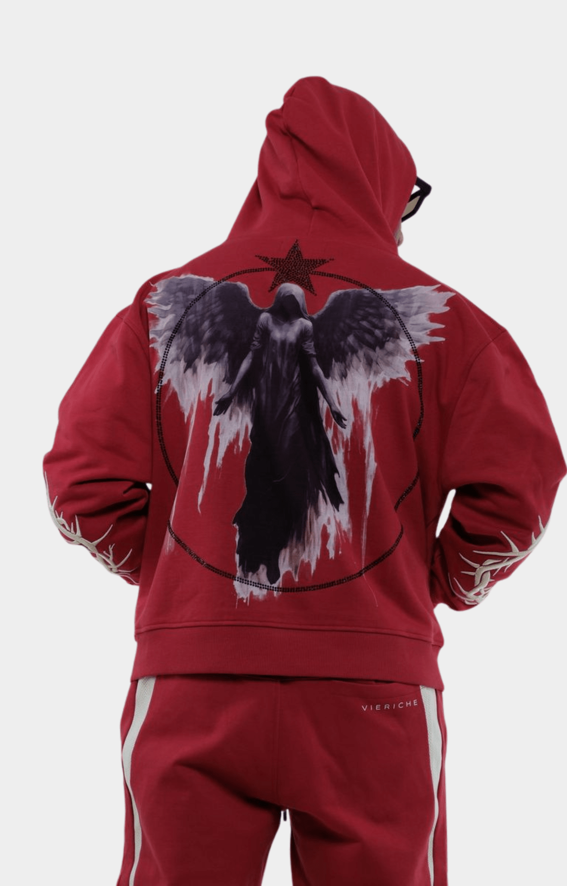 Back view of Vie Riche Dark Angel Hoodie in Red with graphic print