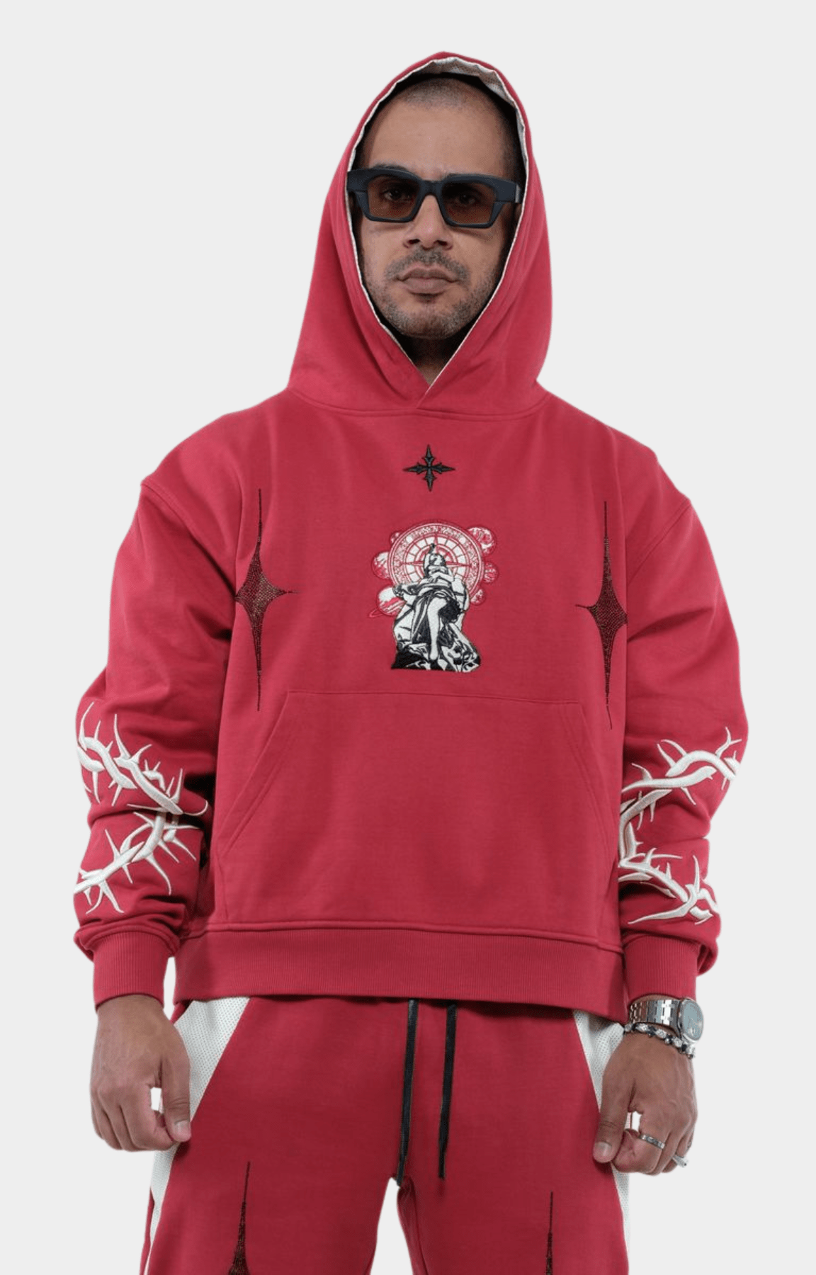 Front view of Vie Riche Dark Angel Hoodie in Red with graphic print.