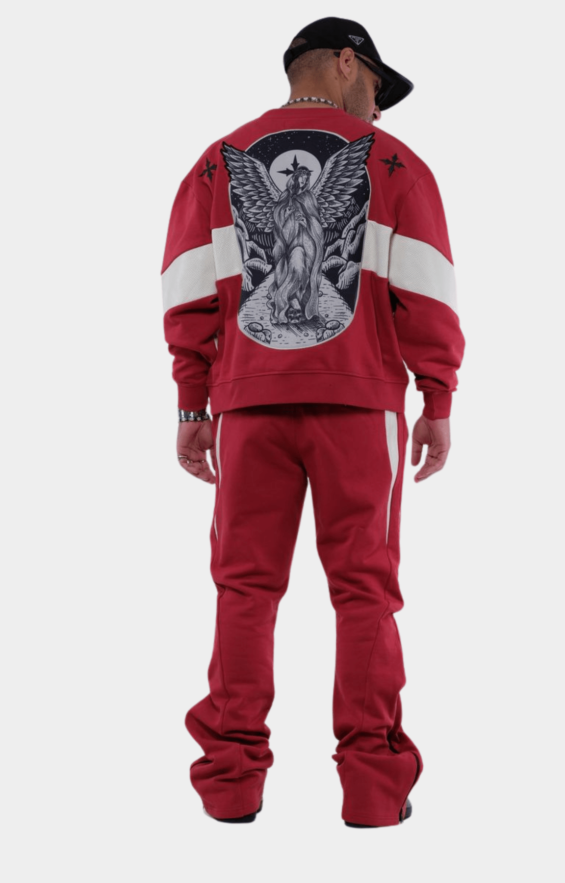 Vie Riche Holy Death Pant Red – Back View with Angel Graphic Print.