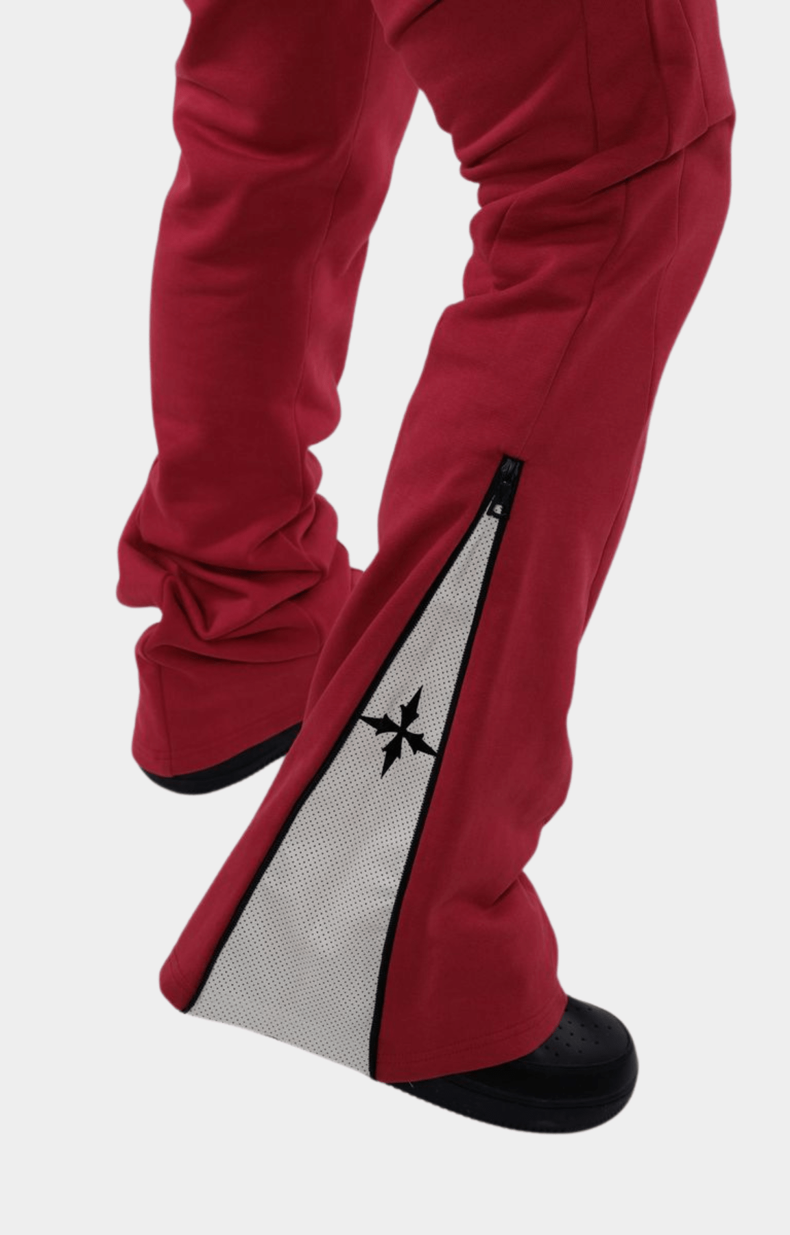 Vie Riche Holy Death Pant Red – Stacked Flare Leg with Zipper and Mesh Detail.