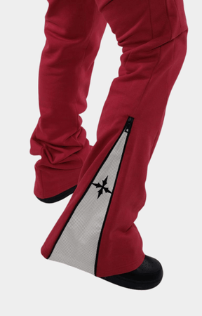 Vie Riche Holy Death Pant Red – Stacked Flare Leg with Zipper and Mesh Detail.