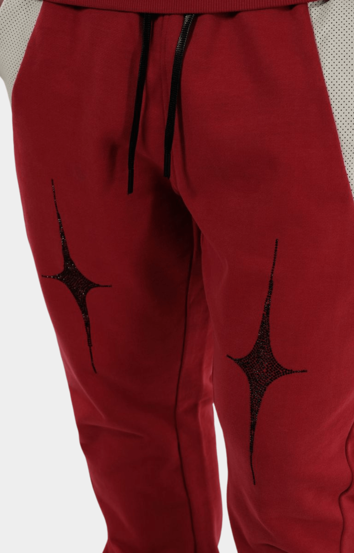 Vie Riche Holy Death Pant Red – closeup of embroidery motif.