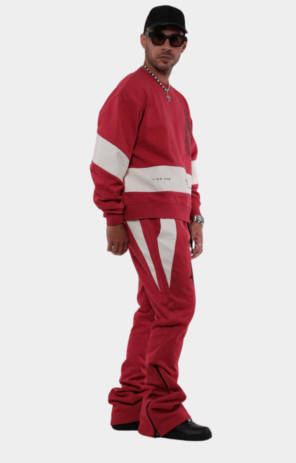 Vie Riche Holy Death Pant Red – Front View Stacked Flare Joggers.