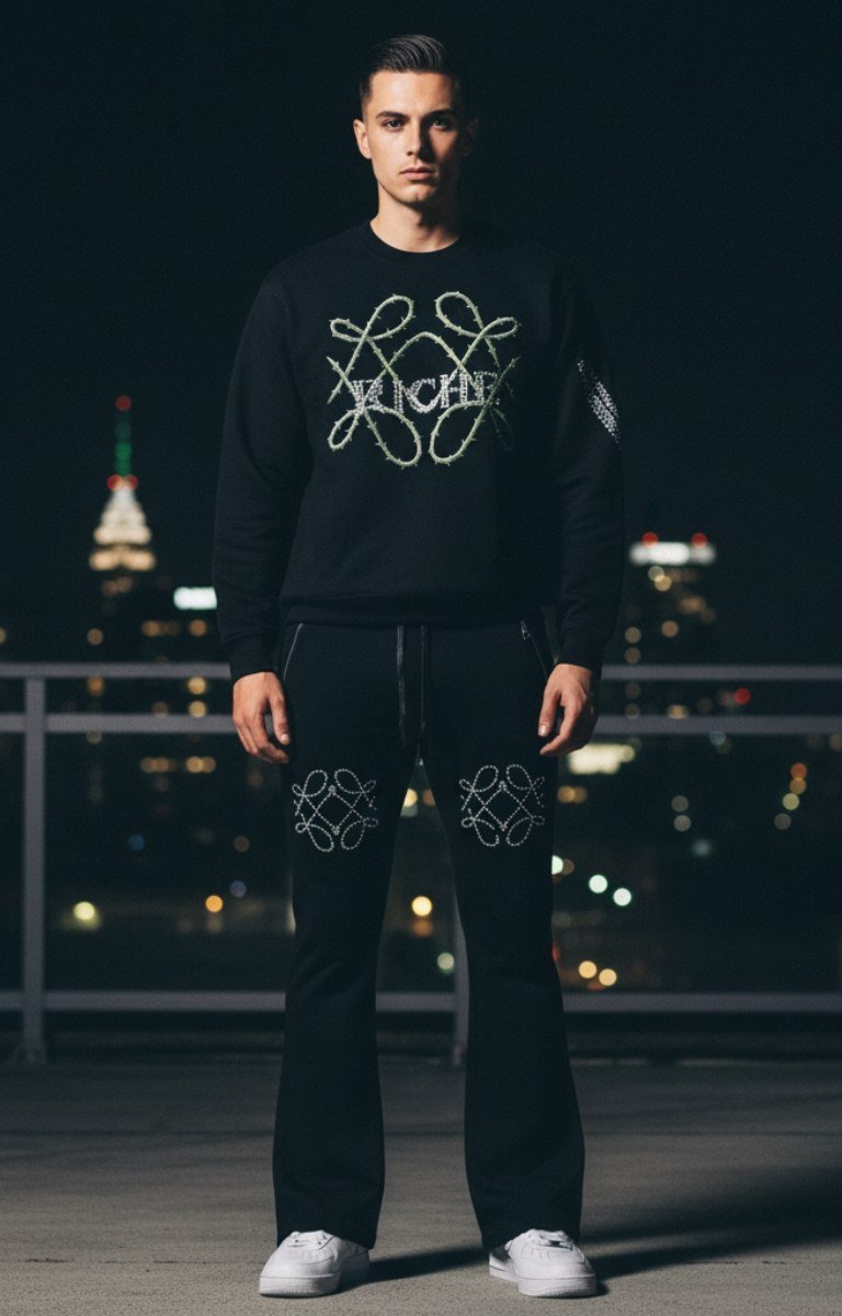 Styled outfit featuring Vie+Riche Black Live Rose sweatshirt.