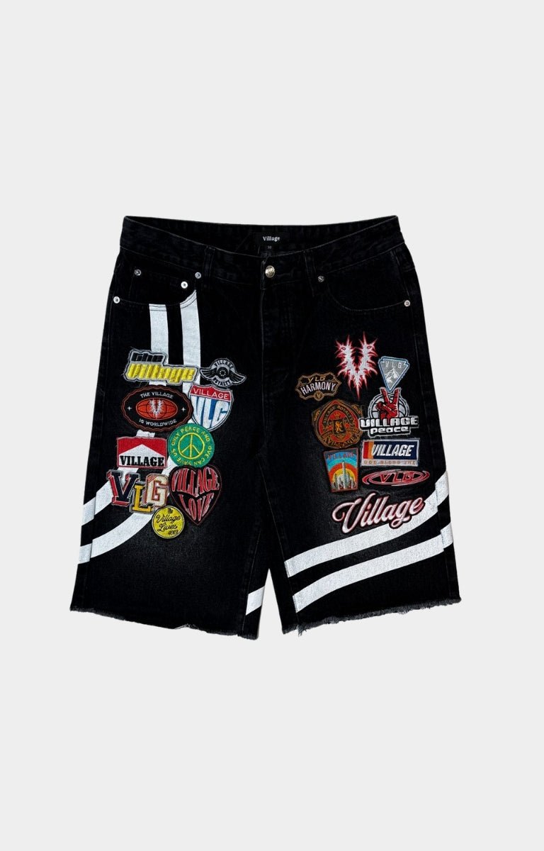 The Village “Black Patchwork Shorts” – Washed Cotton Vintage Patch Denim
