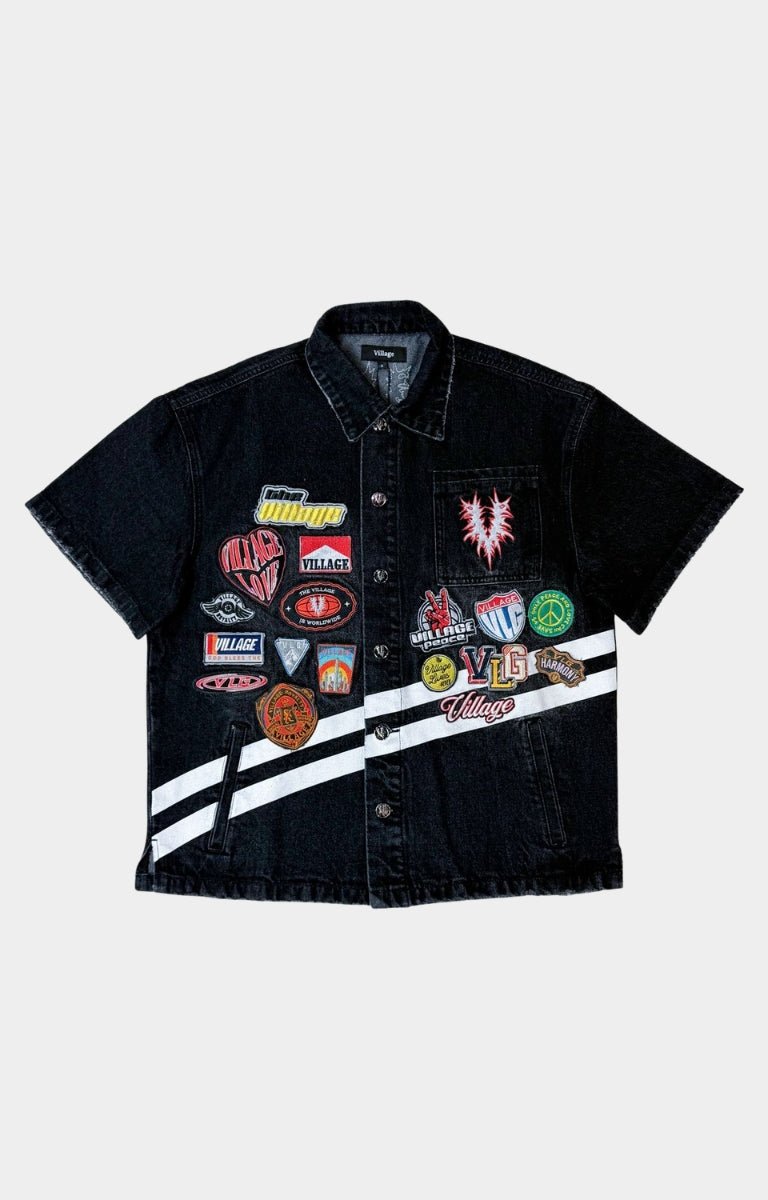 Village vintage patchwork denim shirt washed black front view.