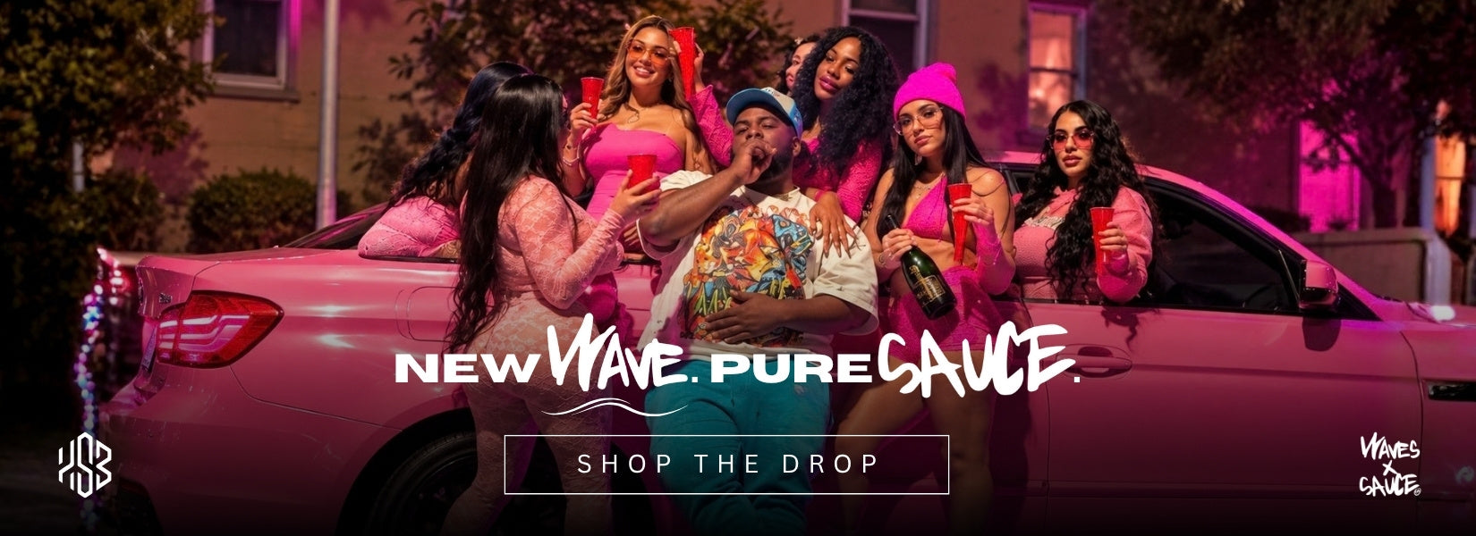 A promotional lifestyle photo featuring premium streetwear brand "Waves and Sauces" - DROPPING SOON at High Street Brands Co.