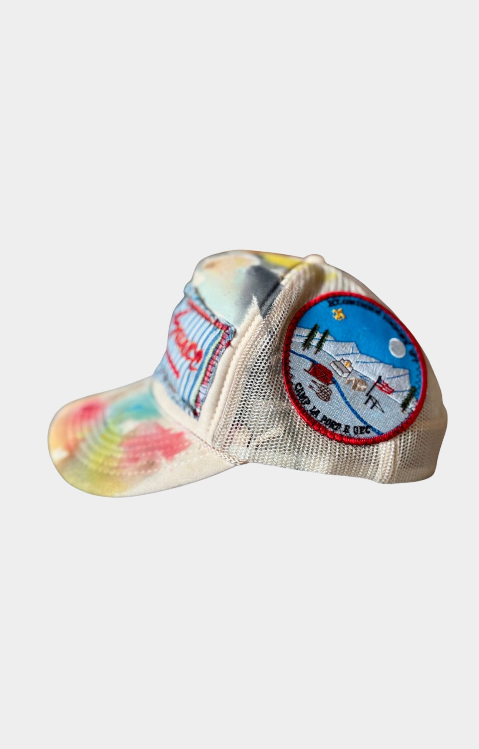 Waves x Sauce Logo Blue Stripe Trucker Hat in Beige featuring an embroidered logo patch, distressed stitching, hand-painted accents, vintage patchwork, and a unique 1-of-1 finish.
