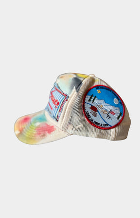 Waves x Sauce Logo Blue Stripe Trucker Hat in Beige featuring an embroidered logo patch, distressed stitching, hand-painted accents, vintage patchwork, and a unique 1-of-1 finish.