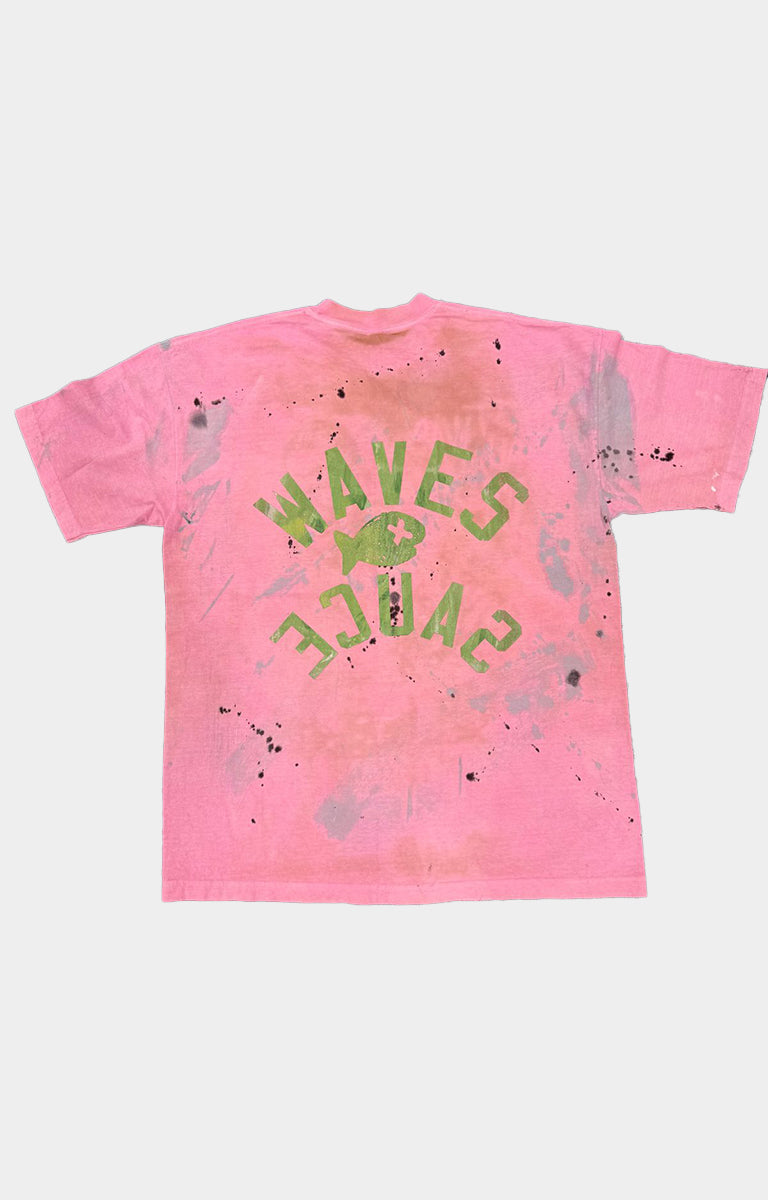 Waves X Sauce Biggie “It Was All a Dream” T-Shirt in pink, made from 100% heavyweight cotton with a vintage wash and aged effect. Hand-painted, screen-printed and distressed by Oakland artist Skyler Clay.